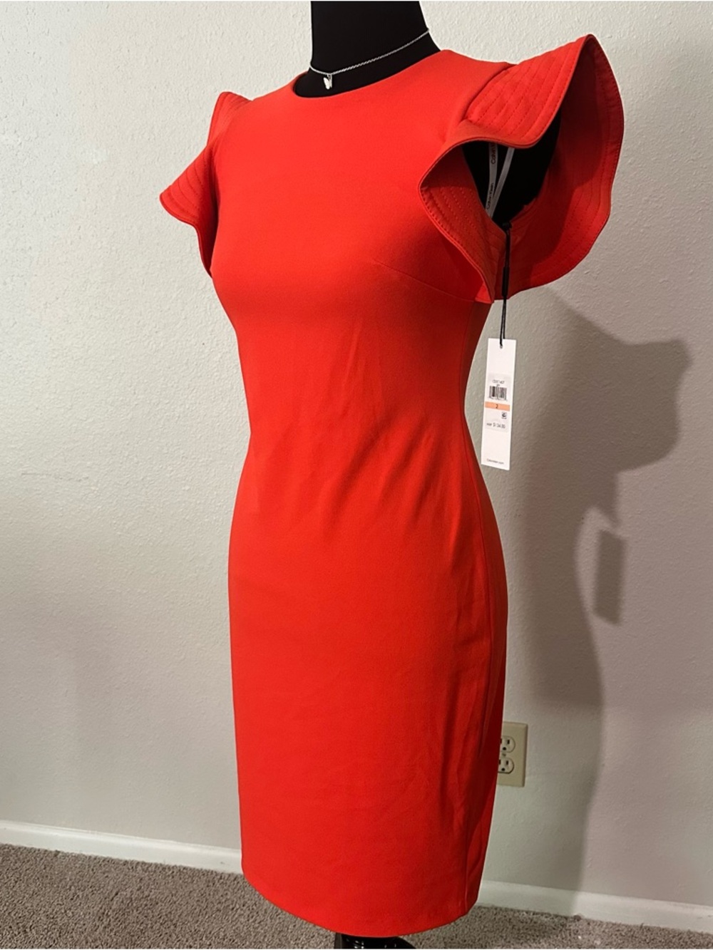 Calvin Klein Bright Red Midi Dress with Flutter Sleeves